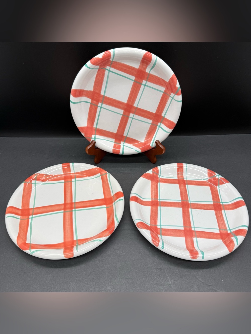 Crown Corning Orange Green Plaid Plate 9” Indonesia Stoneware Set of 3 Rare VTG